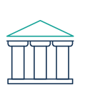 Symbol eines klassischen Geb&auml;udes mit S&auml;ulen und einem dreieckigen Dach, das ein Gericht oder eine juristische Institution darstellt.