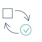 Symbol einer Transformation mit einem Pfeil, der von einem Quadrat zu einem Kreis mit H&auml;kchen zeigt, was einen Wandel oder eine erfolgreiche Umwandlung symbolisiert.